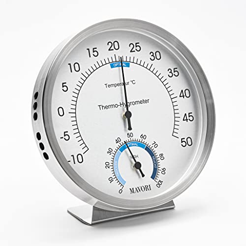 MAVORI® Thermometer analog und Luftfeuchtigkeitsmesser - Thermometer Hygrometer aus hochwertigen Edelstahl - Batteriefrei für eine umweltfreundliche und zuverlässige Raumklima Kontrolle