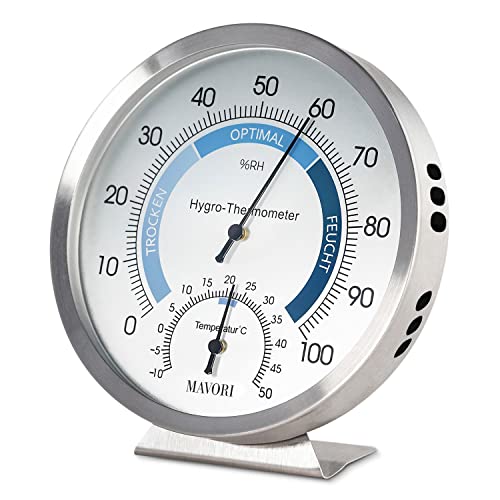 MAVORI® Thermometer Hygrometer innen analog - Temperaturmessgerät und Luftfeuchtigkeitsmessgerät innen aus hochwertigem Edelstahl für eine zuverlässige und komfortable Raumklima Kontrolle