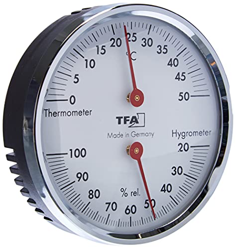 TFA Dostmann Analoges Thermo-Hygrometer, 45.2041.42, mit Metallring, zur Kontrolle von Temperatur und Luftfeuchtigkeit, silber, L120 x B29 x H235 mm